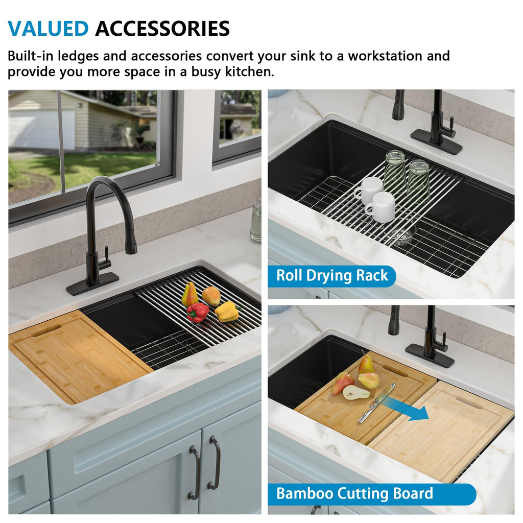 33"x19" Granite Composite - Undermount Ledge Workstation Matte Black Granite Quartz Classic Under Counter Single Bowl
