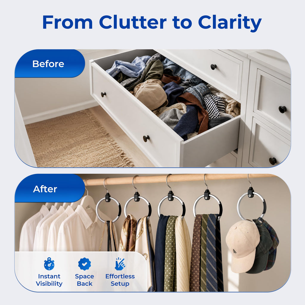 Rotating Closet Organizer, Aluminum Ring Accessory Hanger with 360° Swivel Hook & Spring Latch, Space Saving Holder