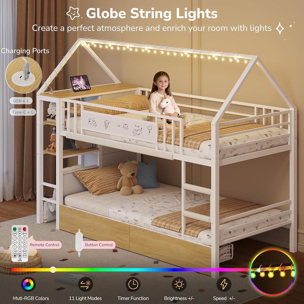 Twin Bunk Bed for Kids with 6 Storage Drawers, Montessori Bookshelf