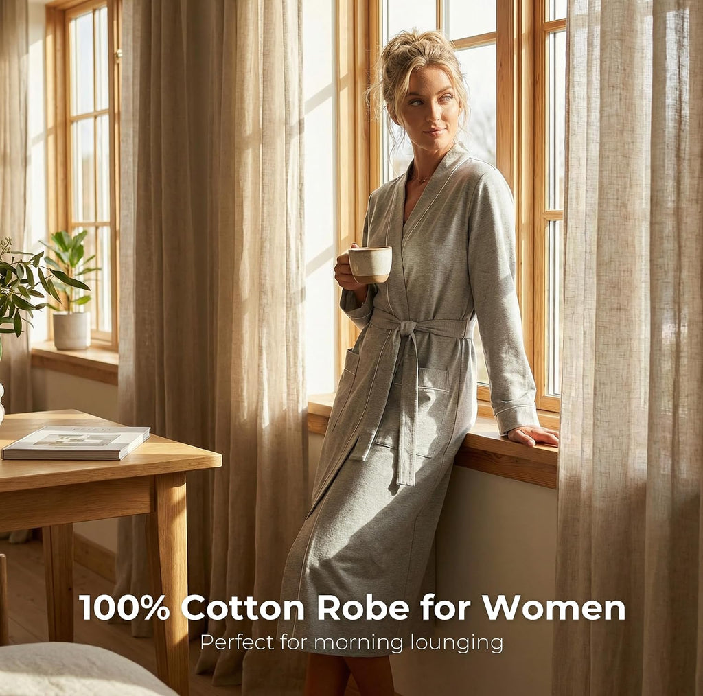 Womens Organic Cotton Robe, Lightweight Long Kimono Bathrobe for Women, Soft Spa Lounge Sleepwear with Pockets