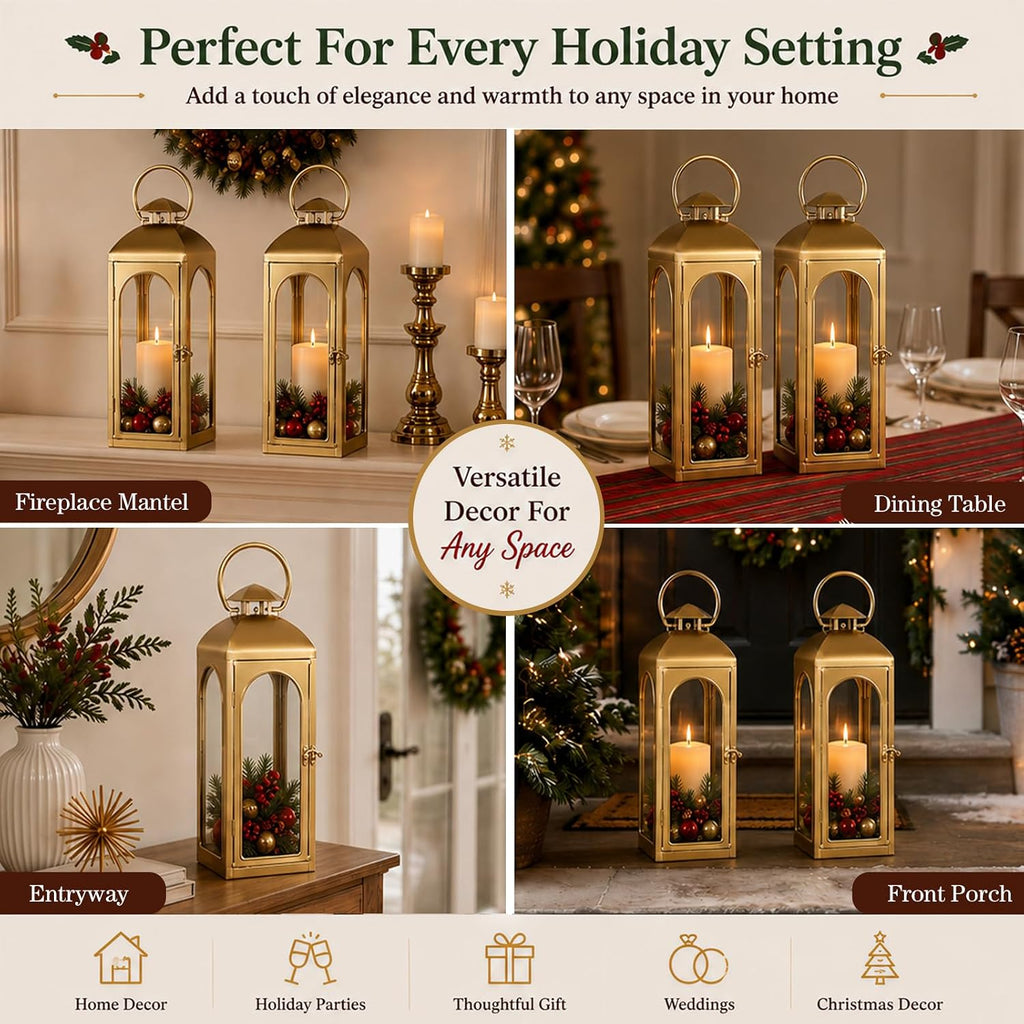 Christmas Decorative Lanterns Gold Metal Candle Holders 20 Inch 2 Pack