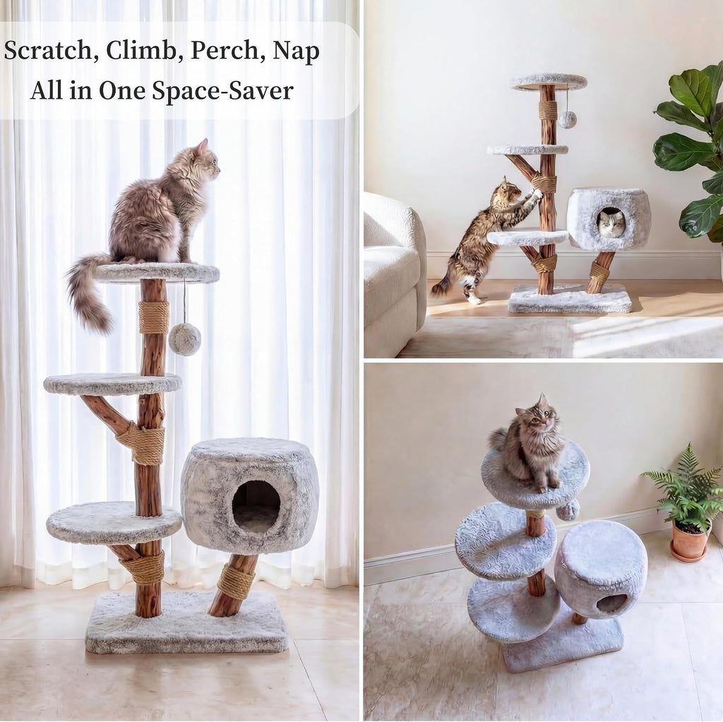 Modern Cat Tree Tower with Cave, Real Wood Cat Scratching Post with Bed for Indoor Cats Large Adult, Solid Wooden