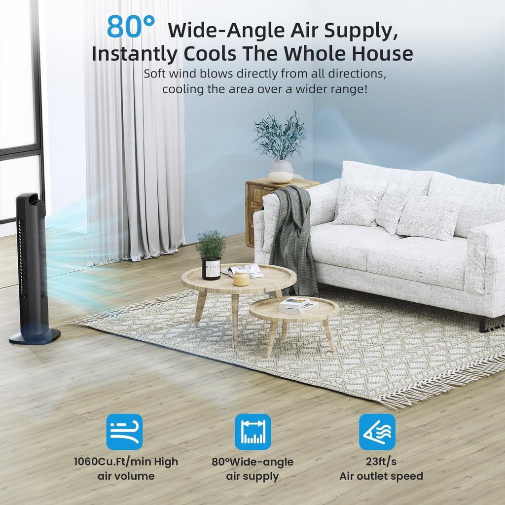Portable Bladeless Tower Fan, 80° Oscillating Design, Remote Control Included, 5 Speeds & 3 Modes, Quiet Cooling