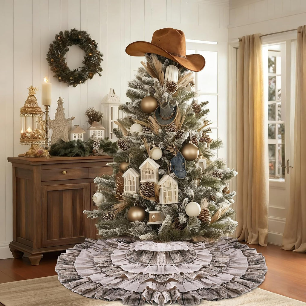 48 Inch Western Farmhouse Tree Skirt, 6-Layer Ruffled Wood Grain & Burlap Design, Rustic Country Cowboy Holiday
