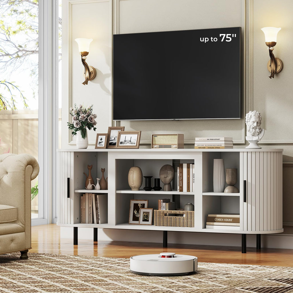 65'' Fluted TV Stand-Curved TV Cabinet with Storage, Sliding Doors & Adjustable Shelves-Modern Entertainment Center
