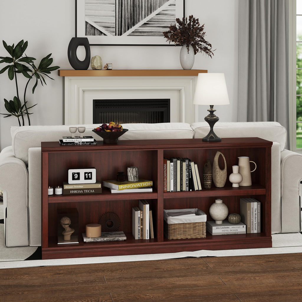Low Horizontal Bookshelf Double Wide 64" 2-Tier Bookcase 4 Cube Storage Organizer Cherry Wood Bookcases Decor Display