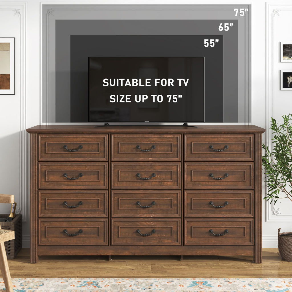 Farmhouse 12 Drawer, 63" Wood Chest of Drawers with Rustic Handles, Wide Closet Dressers Organizer, Living Room