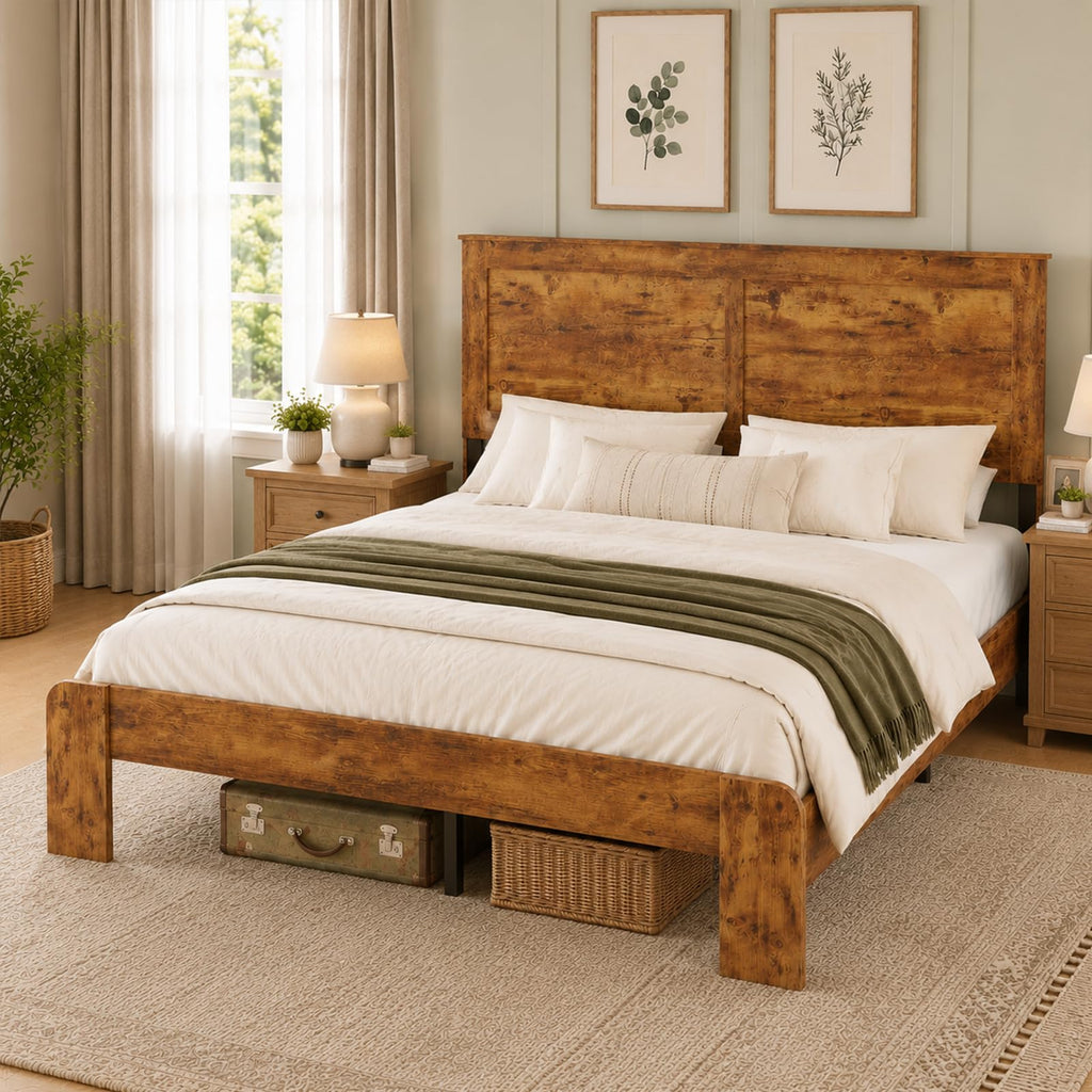 Bed Frame with Headboard, Farmhouse Wooden Bed Frame, Brown