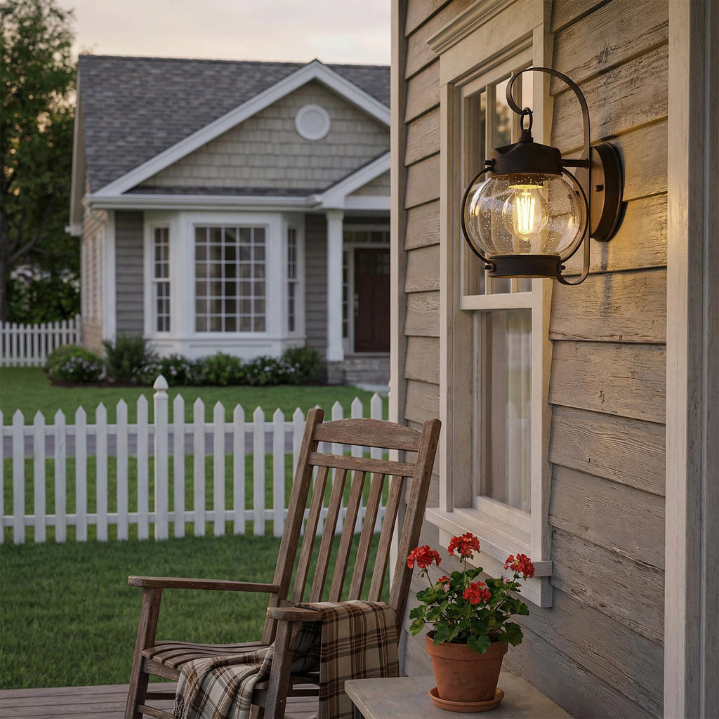 10.2" Outdoor Wall Light, Rustic Lantern Sconce with Bubble Glass Shade, Rust Brown Exterior Light for Porch Decor