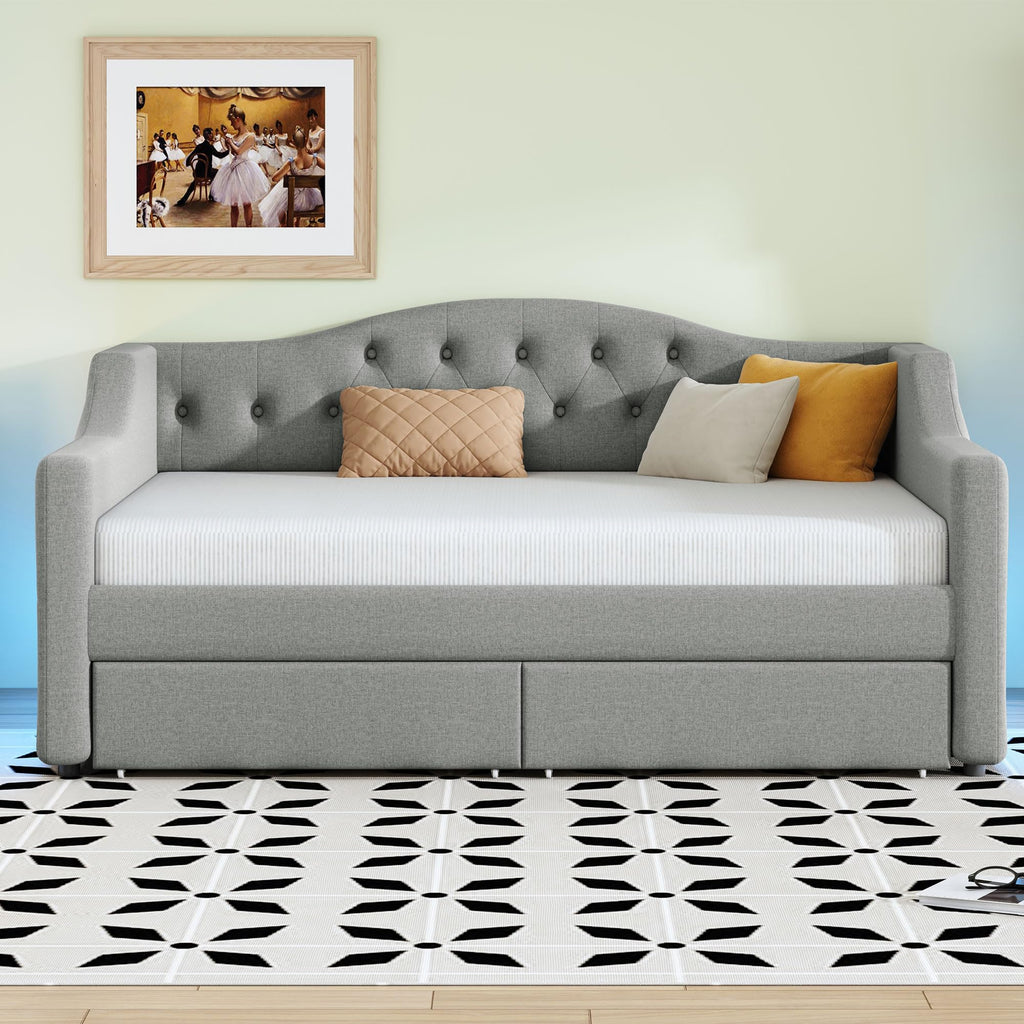 Twin XL Upholstered Daybed with LED Lights, Twin XL Corner Daybed Frame with Drawers, Linen, Light Gray