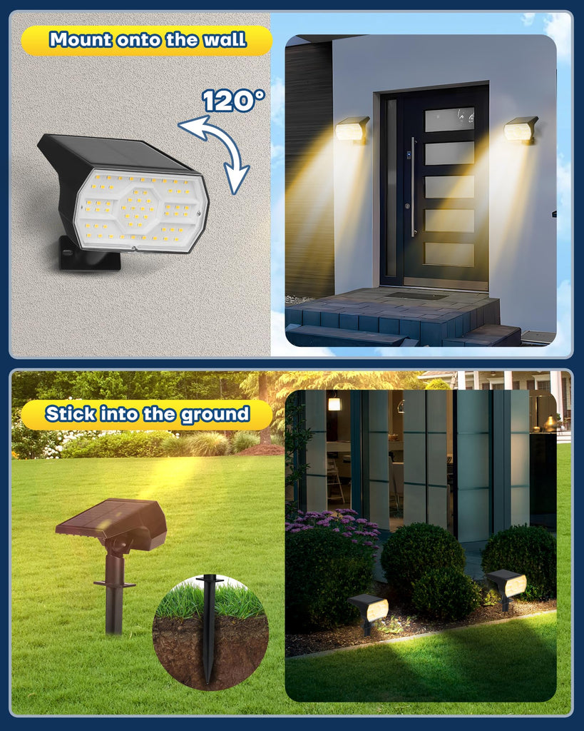 Solar Lights Outdoor Waterproof IP68, 3 Lighting Models Solar Powered Spot Lights Outdoor, 56LED Solar Light Dusk to