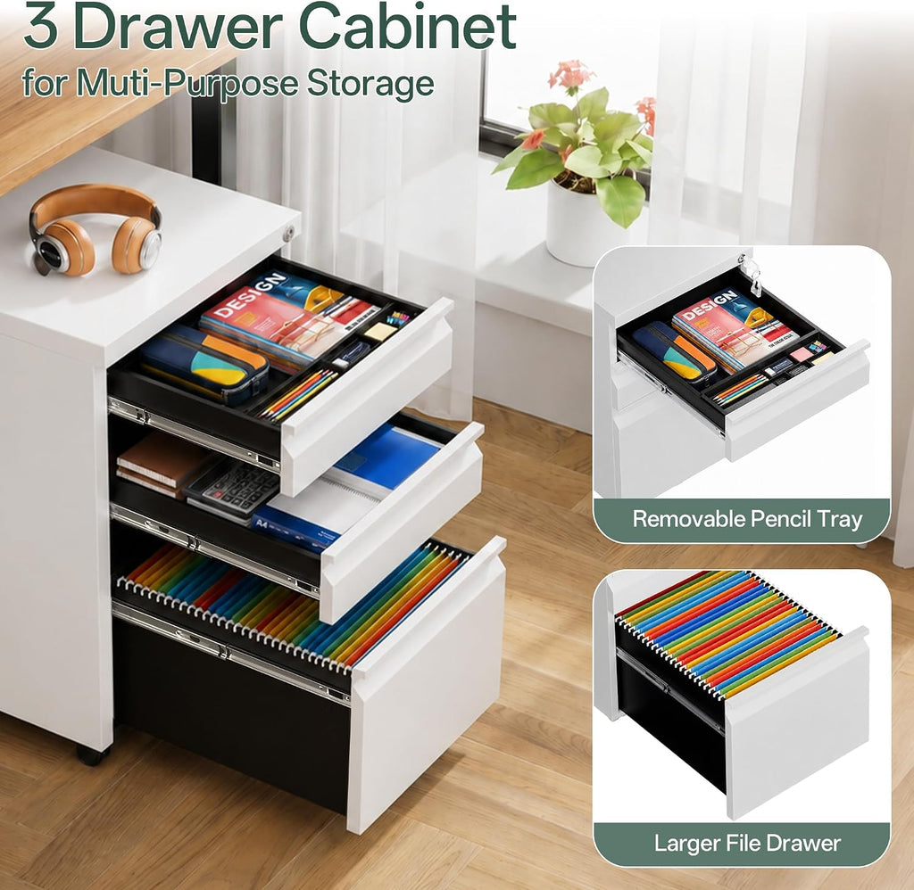 3 Drawer Mobile File Cabinet with Lock, Fully Assembled | Under Desk Metal Filing Cabinet Organization, Fits