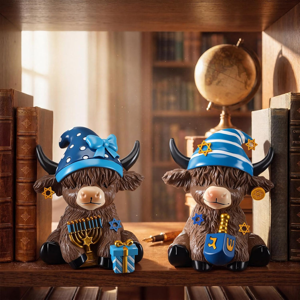 Highland Cow Figurines Resin, Hanukkah Decor Desk - Set of 2