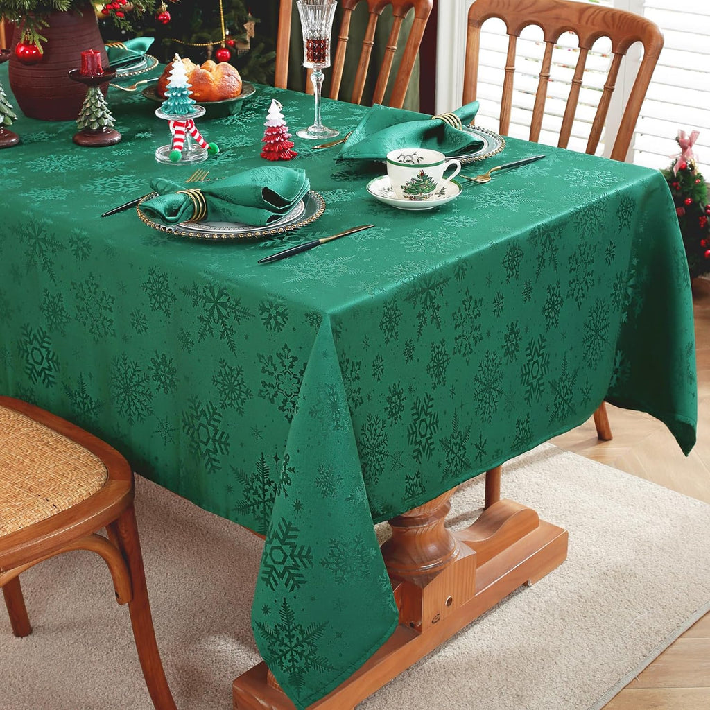 Christmas Green Tablecloth Rectangle, Jacquard Spill Proof Table Cloth with Snowflake Patterns, Damask Table Cover