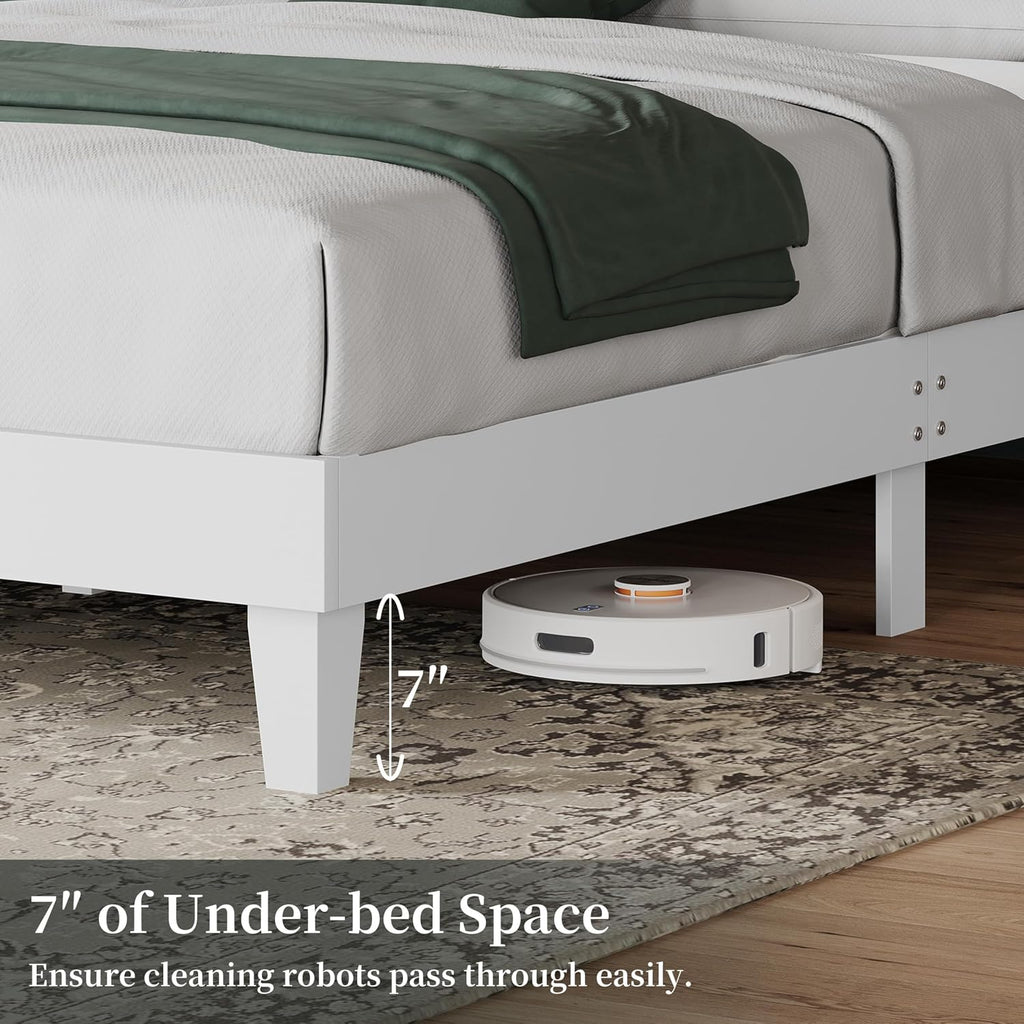 Wood Bed Full, Farmhouse White Rubberwood Platform Bed Frame with V-Designed Headboard, Sturdy Wooden Support Slats