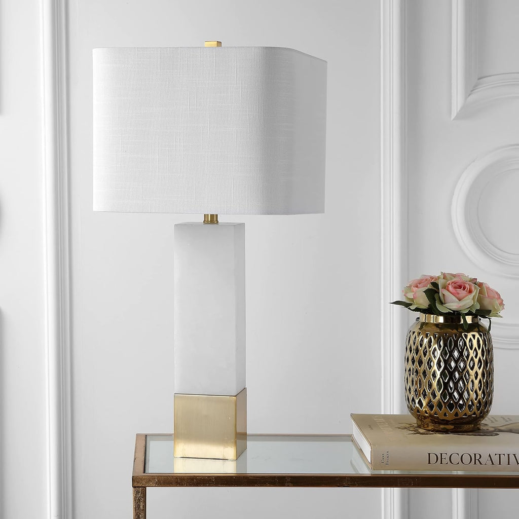 29" Brass Gold/White Metal and Marble Table Lamp, Contemporary Transitional Bedside Lamp, White Linen Rectangle Shade