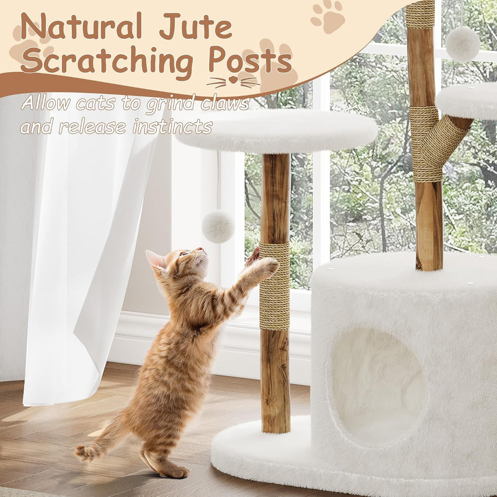 Real Solid Wood Modern Cat Tree Tower with 2 Platforms, Aesthetic Cat Tree for Indoor Cats, Kittens Condo