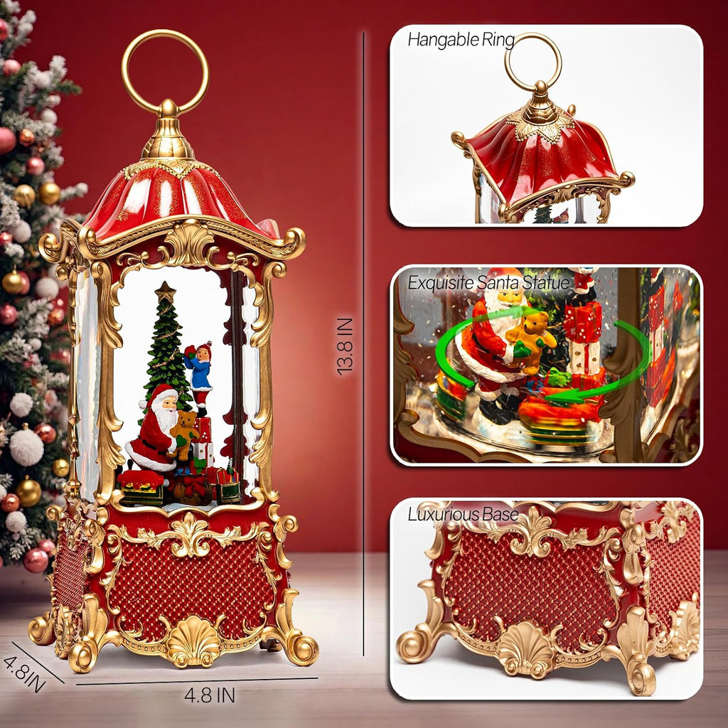 14" Christmas Snow Globe Lantern with Santa Claus - Swirling Glitter LED Light Musical Water Lantern with Rotatable