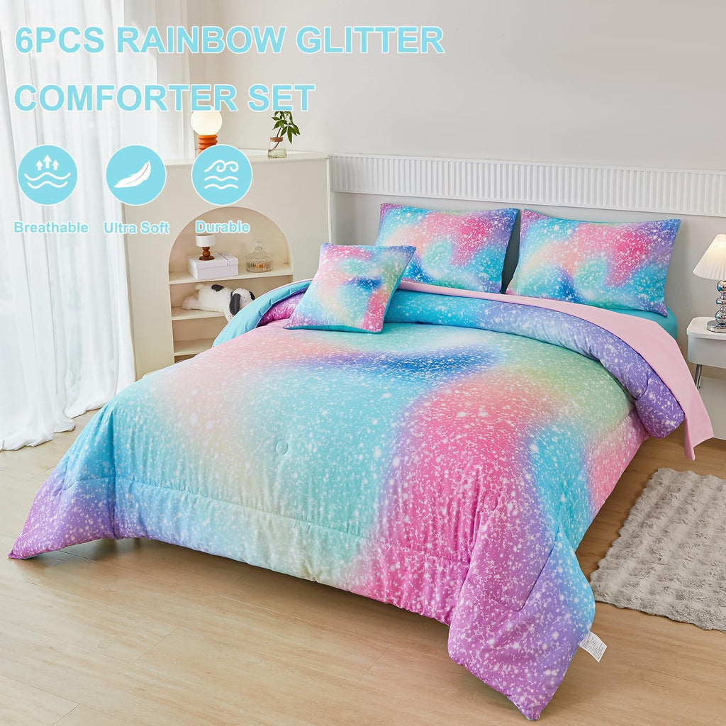 Pink Green Girls Twin Comforter Set, 6 Pieces Colorful Rainbow Kids Bedding Sets, Tie Dye Ombre Glitter Bed in A Bag