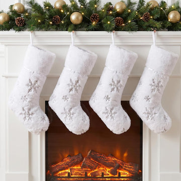 4 Pack Christmas Stockings, 18.5 Inch Large Faux Fur Xmas Stocking, Festive Gift Decor with Silver Sequin Snowflakes