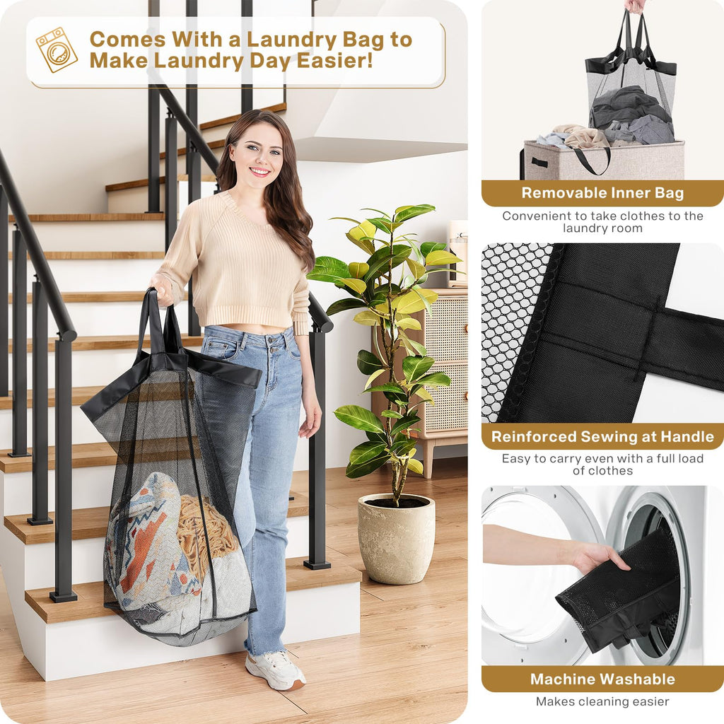 Large Double Laundry Hamper with Lid, Collapsible Clothes Hamper 2 section with Removable Bags, Space-Saving Laundry