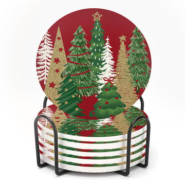 Christmas Tree Drink Coasters Set of 6, Round Absorbent Ceramic Coaster, with Metal Holder and Cork Base, Pine Tree