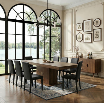 Extendable Dining Table Set for 8, 63-79 Inch Brown Kitchen Table Set with 8 Black PU Leather Chairs, Farmhouse Wood