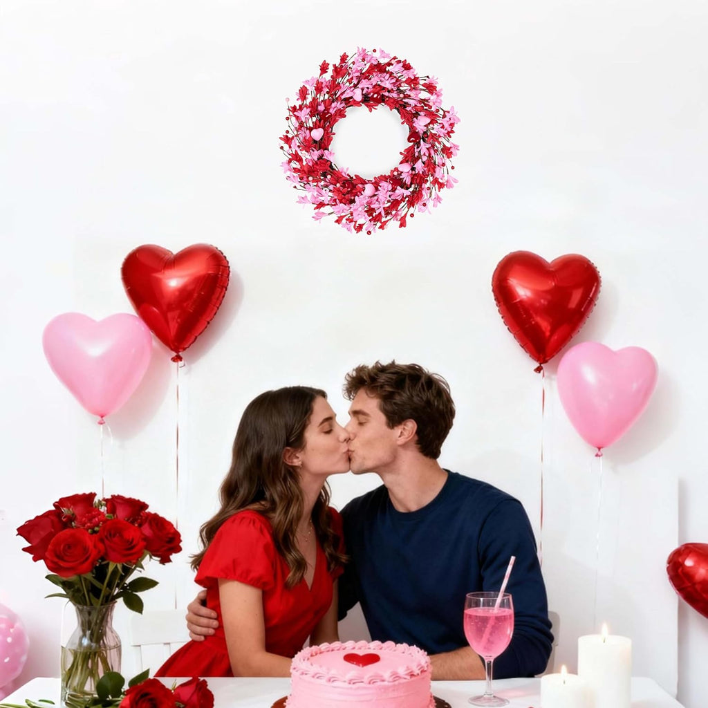 Valentine's Day Wreath 22 Inch Valentines Day Wreaths for Front Door Pink Floral Wreath with Red Love Heart Berries