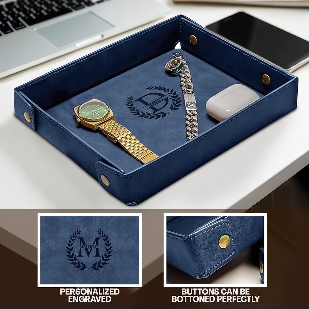 Engraved Leather Valet Tray for Men - Personalized Catchall with Custom Name for Desk, Dresser, Nightstand - Men's