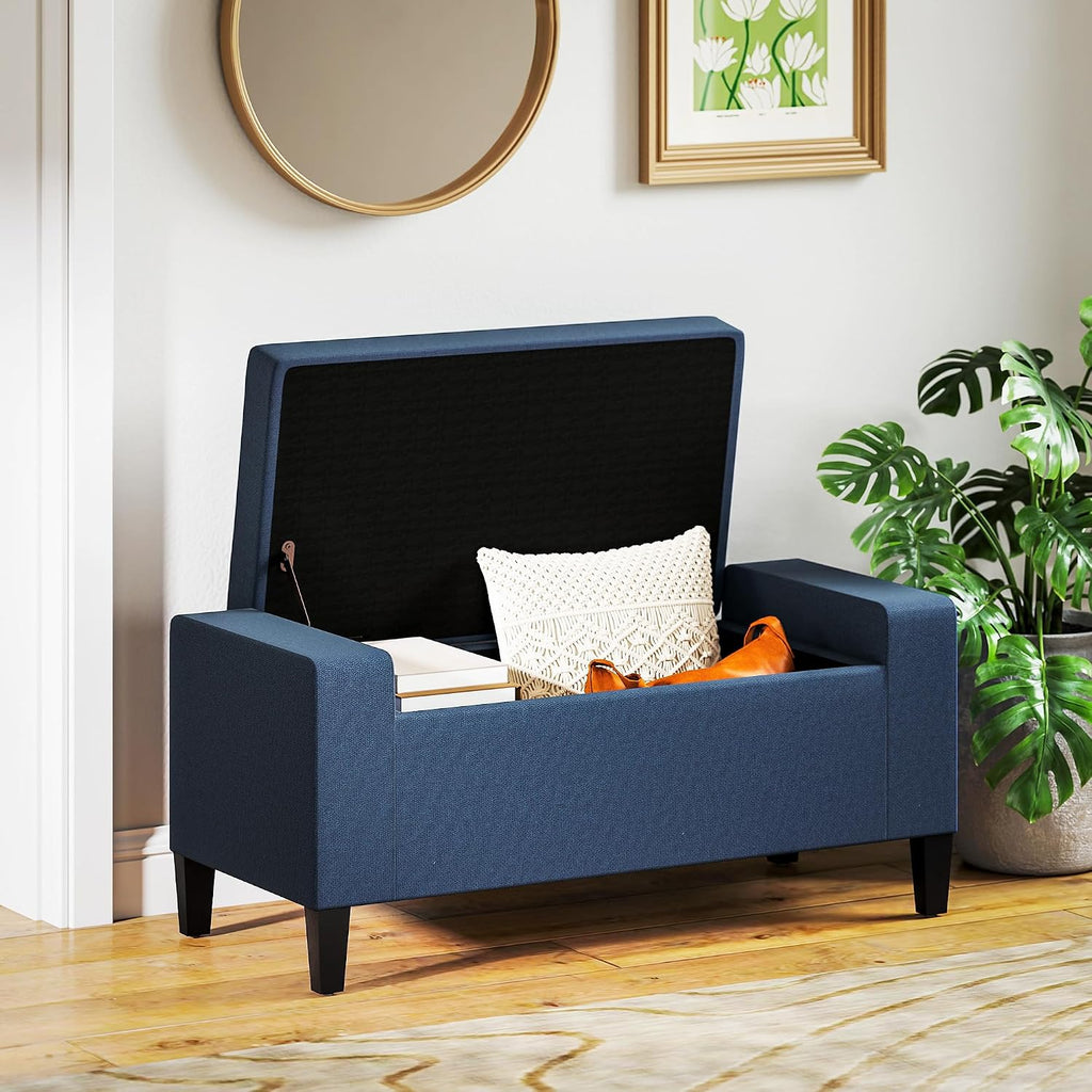 36" Ottoman with Storage, Lift Top Rubberwood Legs 330 lb Dark Blue | Storage Ottoman Bench, Linen Upholstered