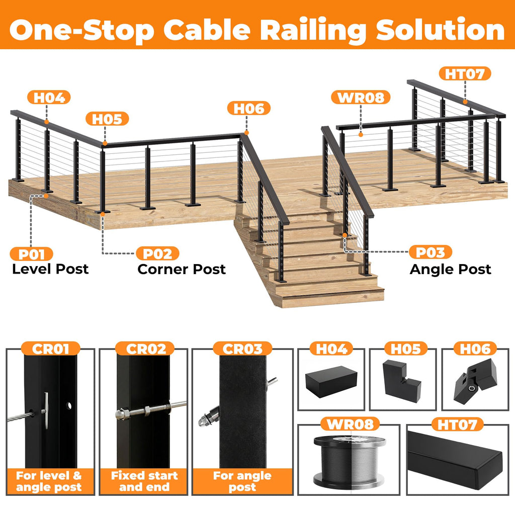 6'6" Stainless Steel Black Handrail for Cable Railing System Deck Railing