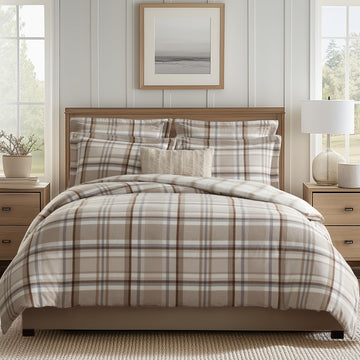 Spencer Plaid Neutral - Duvet Cover (90x94in.) + Two Standard Shams (20x26in.) - Plaid - Beige Tan Cream