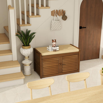 Shoe Storage Bench, 2-Tier Shoe Cabinet with Padded Seat Cushion, Bamboo Entryway Bench with 2 Doors (31.49''(L)