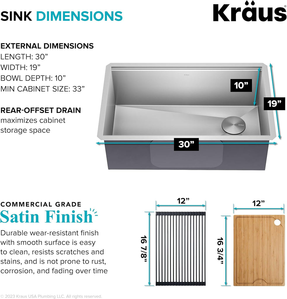 Stainless Steel 30 in Undermount Kitchen Sink KWU110-30 | 16-gauge TRU16 steel, integrated ledge for accessories