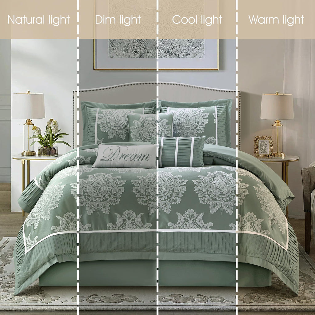 Sage 7PC Comforter Set, Jacquard with Matching Solid Piecework Bedding Set, All Season