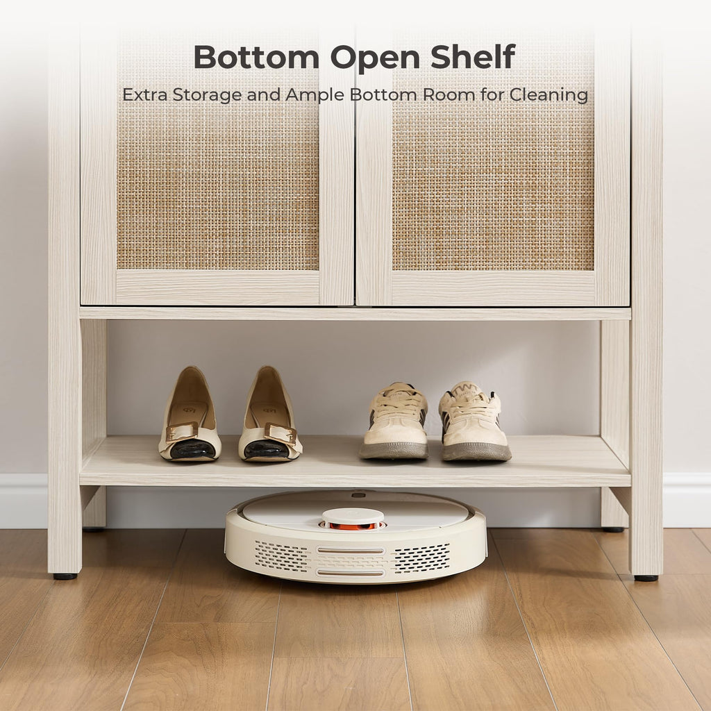 Rattan Shoe Cabinet with Storage, 5 Tier, White Cream Oak