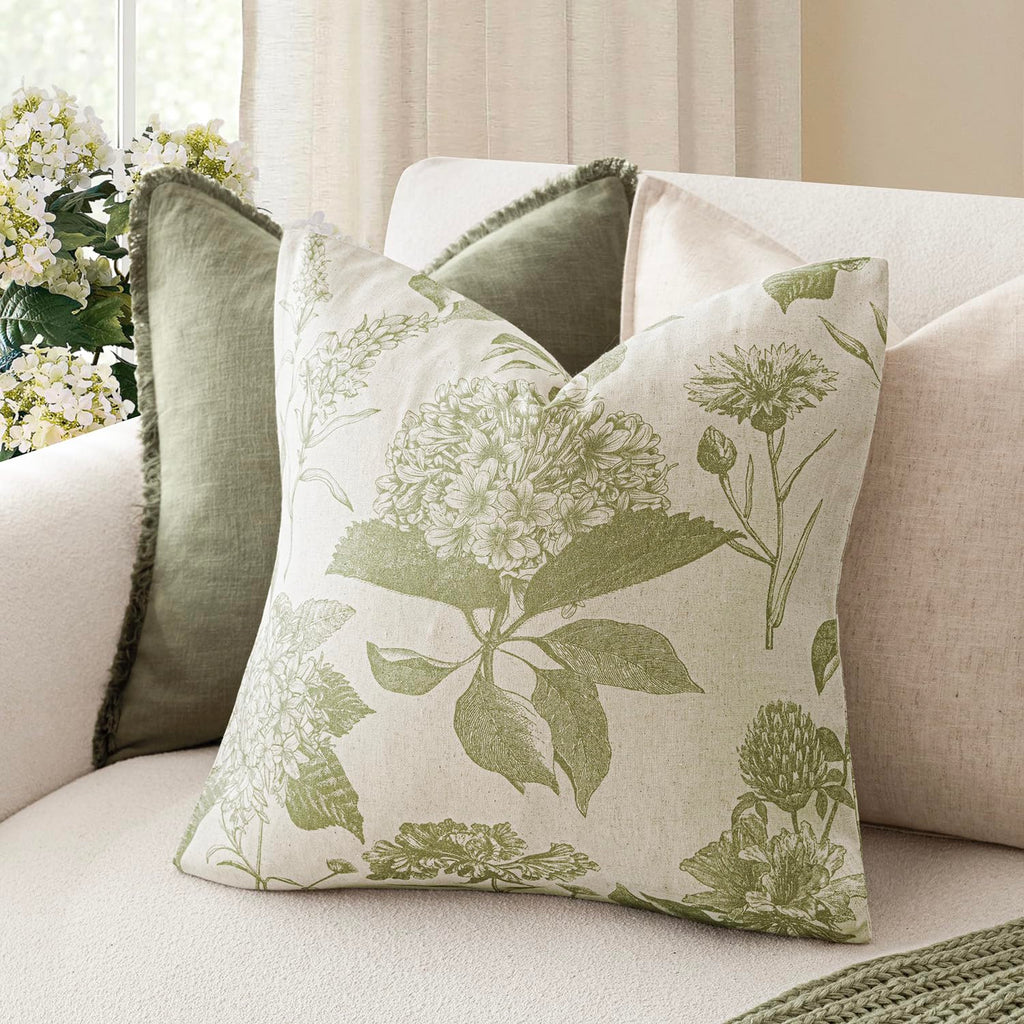 Decorative Linen Floral Throw Pillow Covers 22×22 Light Green