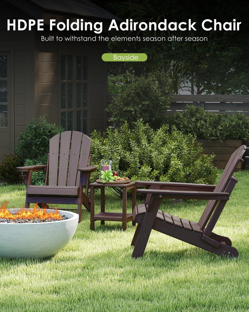 Folding-Adirondack-Chairs Set of 2, HDPE Wood Grain, Dark Brown | Hidden Cup Holder | 5" Wide Armrests | Foldable