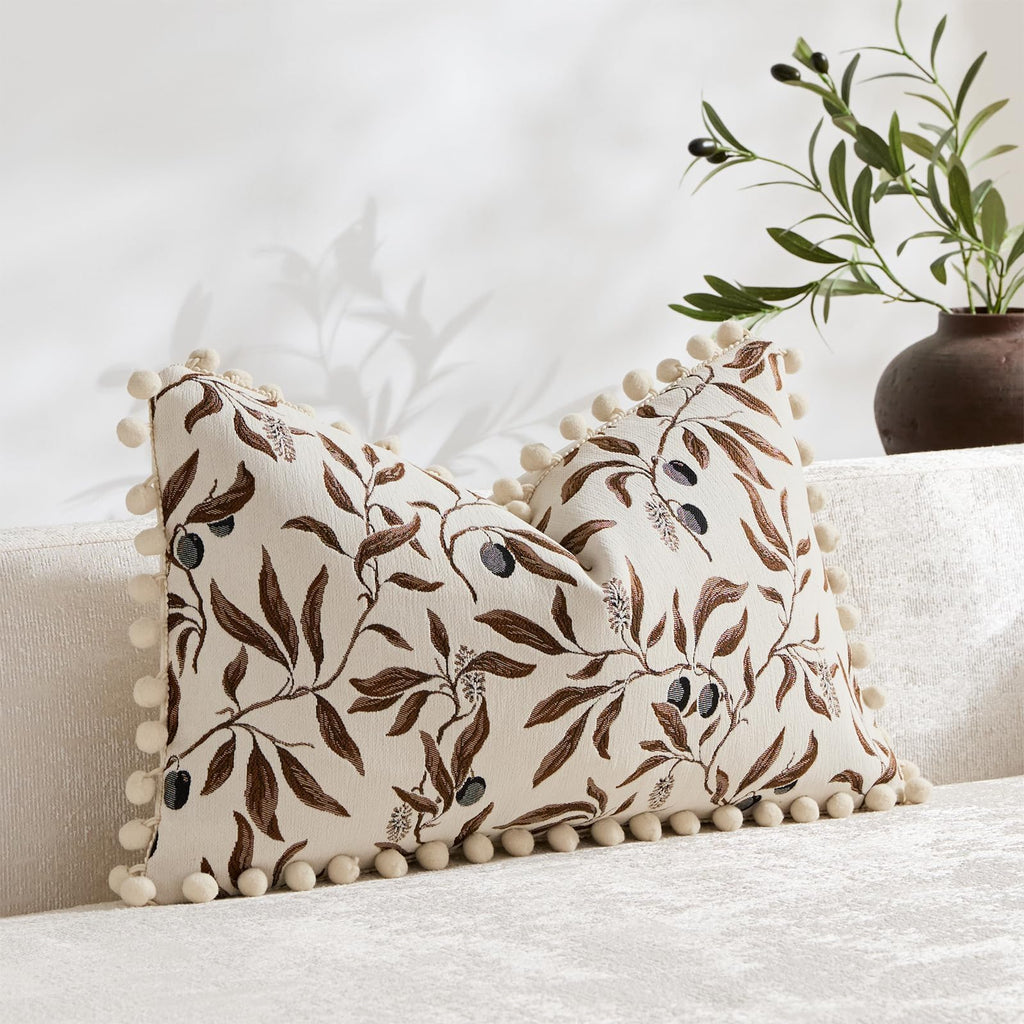 Beige Floral Decorative Pillow Cover 14 x 24 Inch Chenille Velvet Rectange Luxury Cute Lumbar Throw Pillow Case with