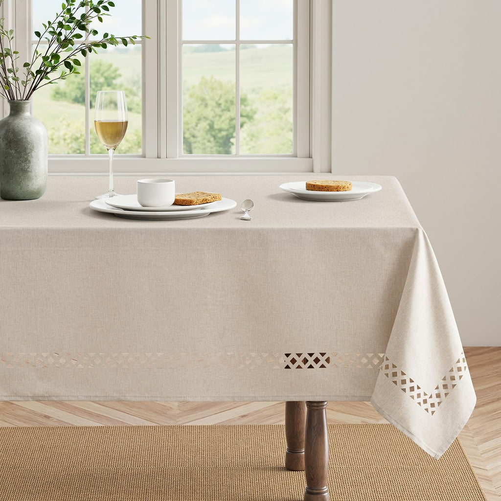 Beige Rectangle Tablecloth with Decorative Cutouts 60x104 inch