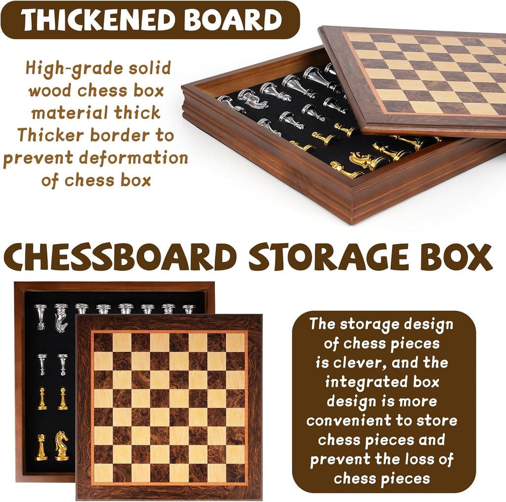 12-Inch Metal Chess Set with Wooden Board for Kids and Adults, Gold & Silver Chess Pieces, Portable Small Chess Board