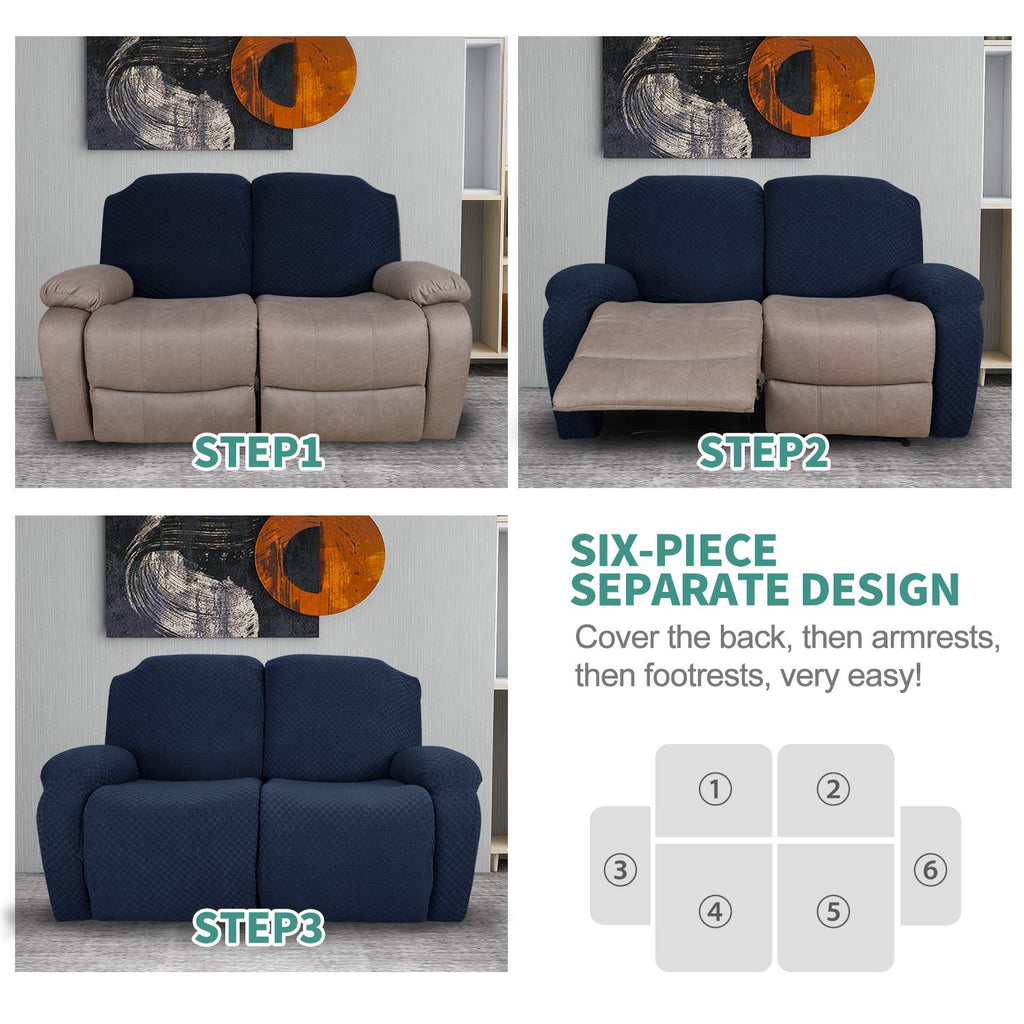 6 Pieces Stretch Loveseat Recliner Slipcover Jacquard Recliner Sofa Cover with Side Pocket Fitted Recliner Cover