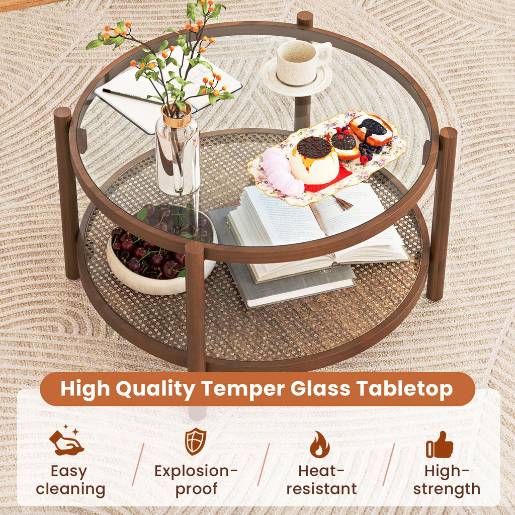 Rattan Coffee Table, Boho Round Glass Tea Table with PE Rattan Storage Shelf & Wood Frame, 2 Tier Accent Center Table