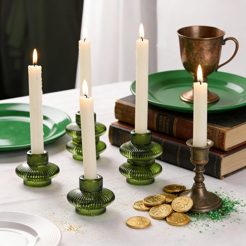 Green Taper Candle Holders Set of 10 for Taper Candles/Tea Lights, Ribbed Glass Candlestick Holders for Boho Wedding