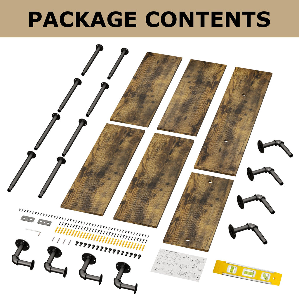 63" Industrial Pipe Shelving - 4 tier Rustic Solid Wood and Heavy Duty Metal Pipe Shelves for Wall, Kitchen Shelves