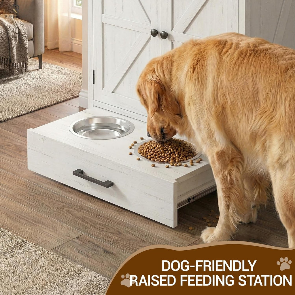 Dog Feeding Station with Storage, Rustic Barn Door Dog Food Cabinet with Pull-Out Stainless Steel Bowls, Pet Feeding