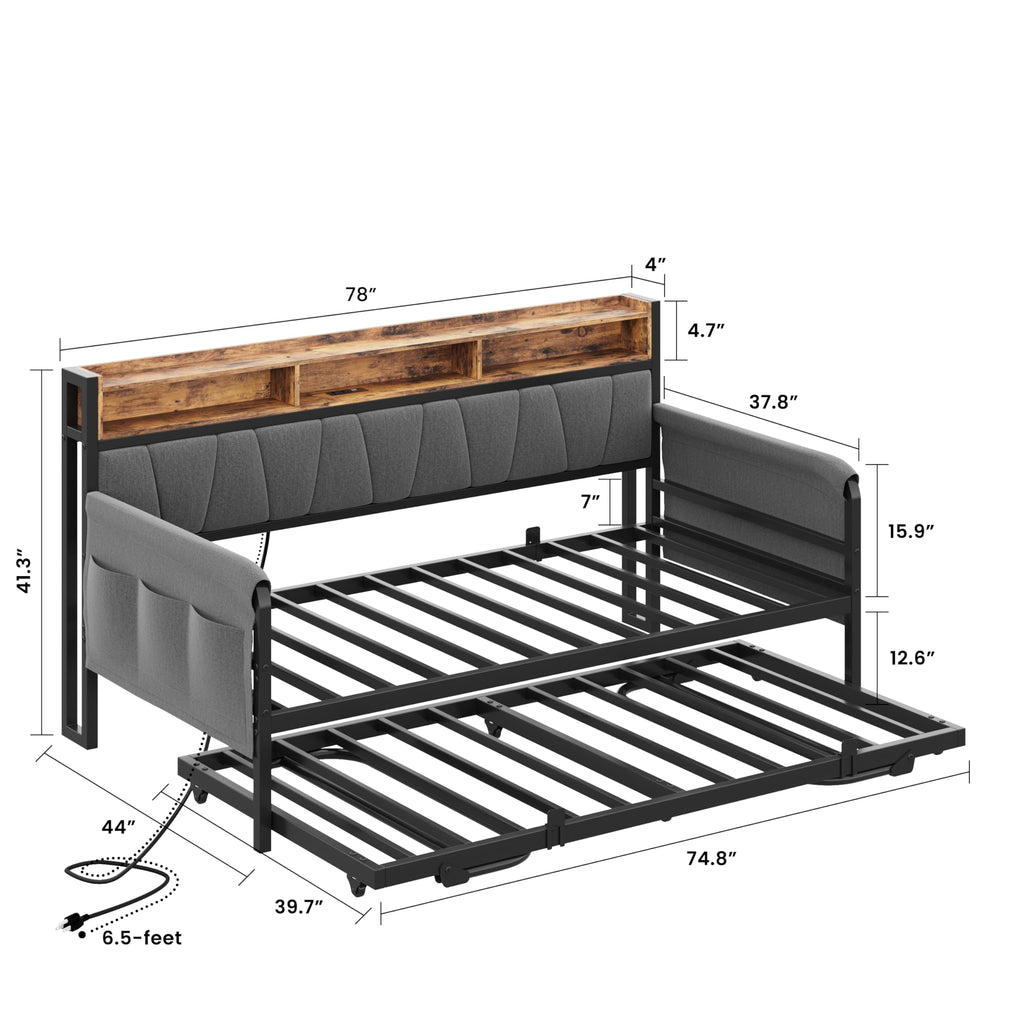 Daybed with Trundle, Storage Headboard and Charging Station, Black