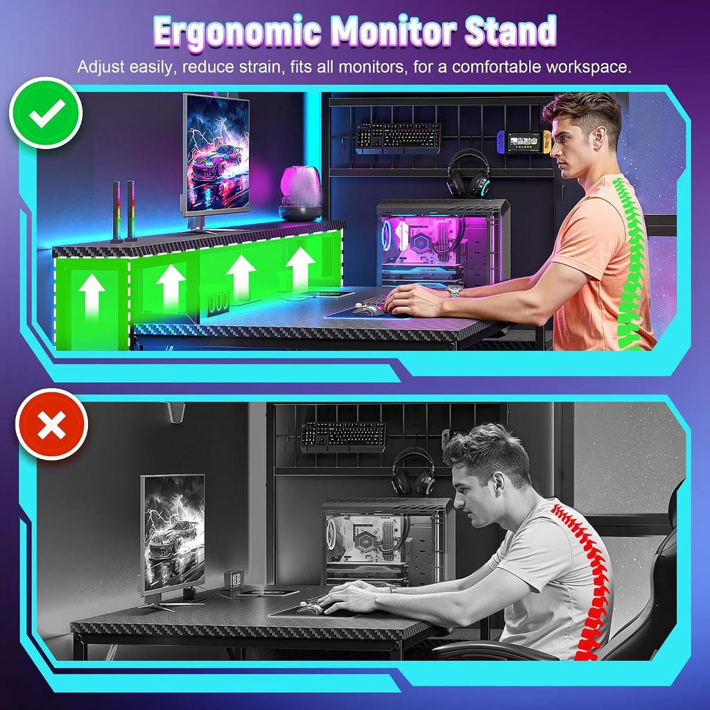 63" Gaming Desk with RGB LED,Headphone Hook Shelves | Sturdy Metal Frame No Wobble,Storage Shelves&Drawer for Game