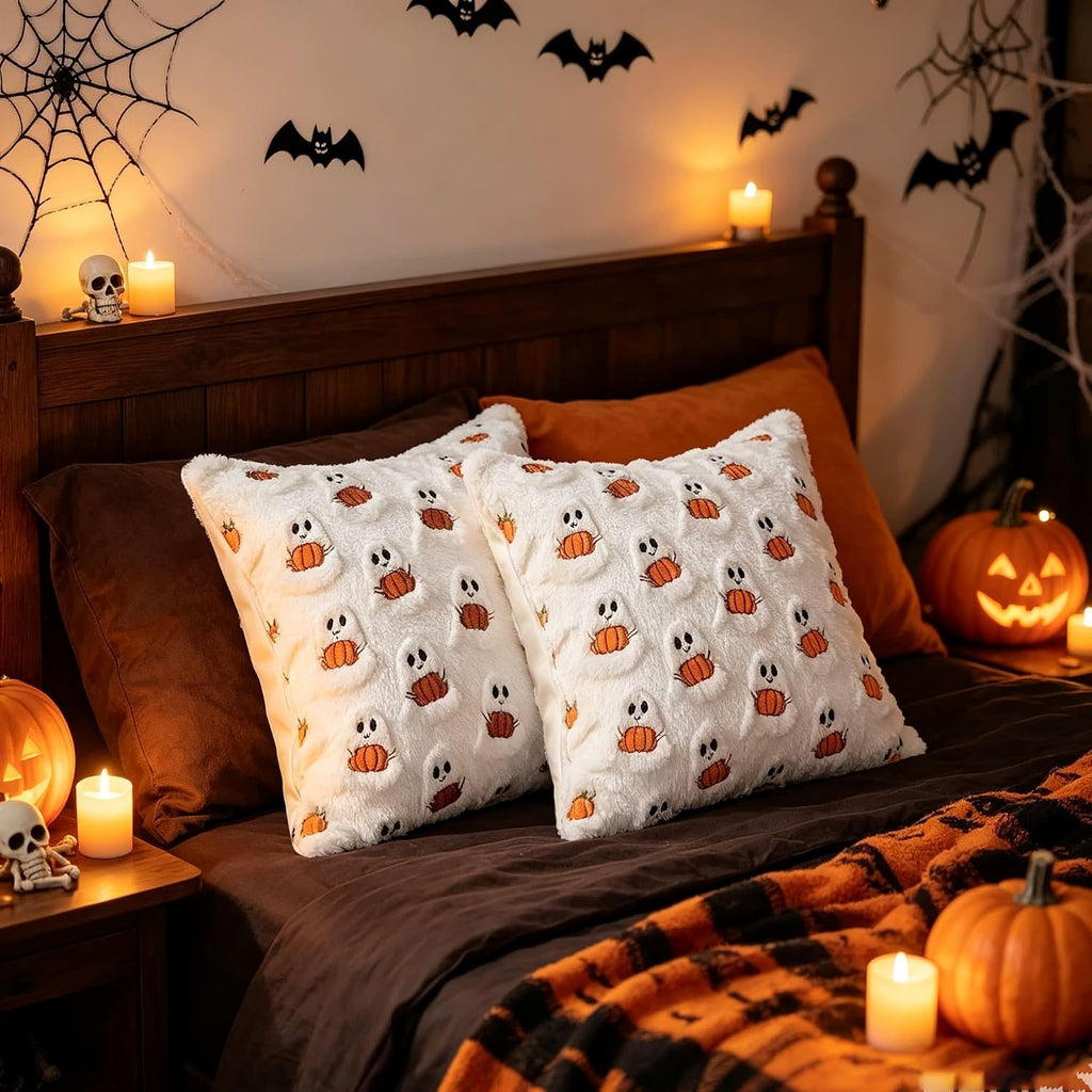 Halloween Ghost Pillow Covers-18x18, Cream Plush Fluffy Washable - Set of 2