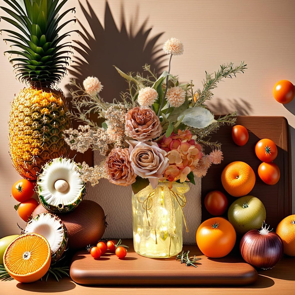 Artificial Fall Flowers with Vase & Lights - Faux Autumn Hydrangea & Rose